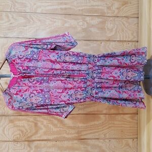 Esqualo Pink Print Drop Waist Beaded Tie Neck Dress Size 6
